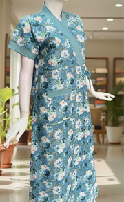 Sky Blue Garden 2-Piece Soft Cotton House Coat & Nighty Set| Laces and Frills