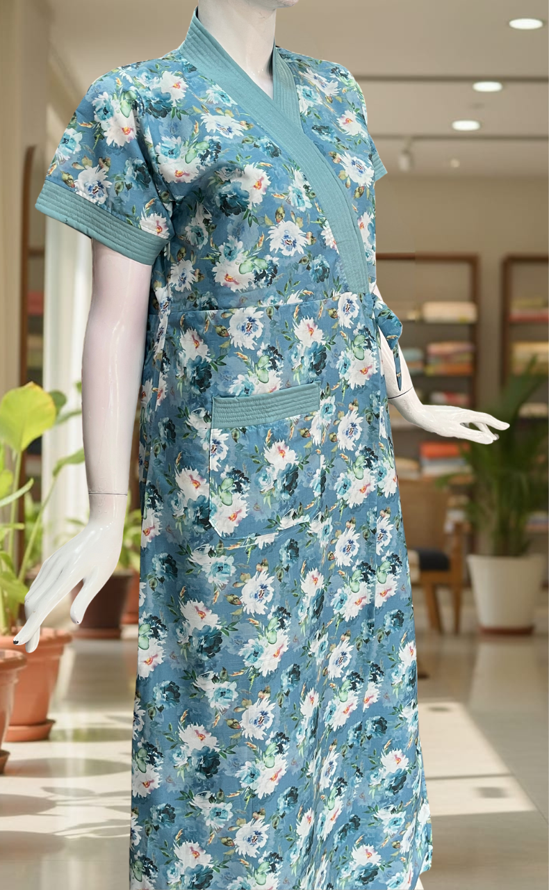Sky Blue Garden 2-Piece Soft Cotton House Coat & Nighty Set| Laces and Frills