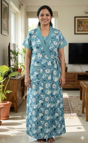 Sky Blue Garden 2-Piece Soft Cotton House Coat & Nighty Set| Laces and Frills - Laces and Frills