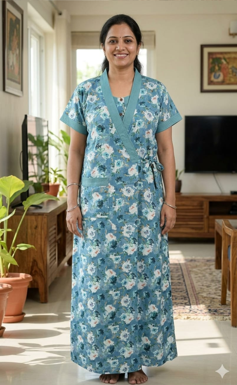 Sky Blue Garden 2-Piece Soft Cotton House Coat & Nighty Set| Laces and Frills - Laces and Frills