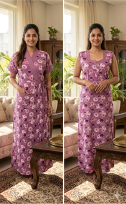 Lavender Garden 2-Piece Soft Cotton House Coat & Nighty Set| Laces and Frills - Laces and Frills