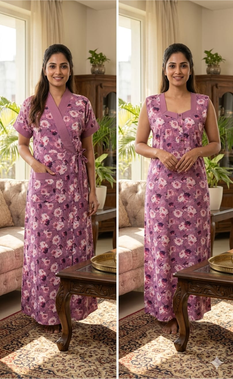 Lavender Garden 2-Piece Soft Cotton House Coat & Nighty Set| Laces and Frills - Laces and Frills
