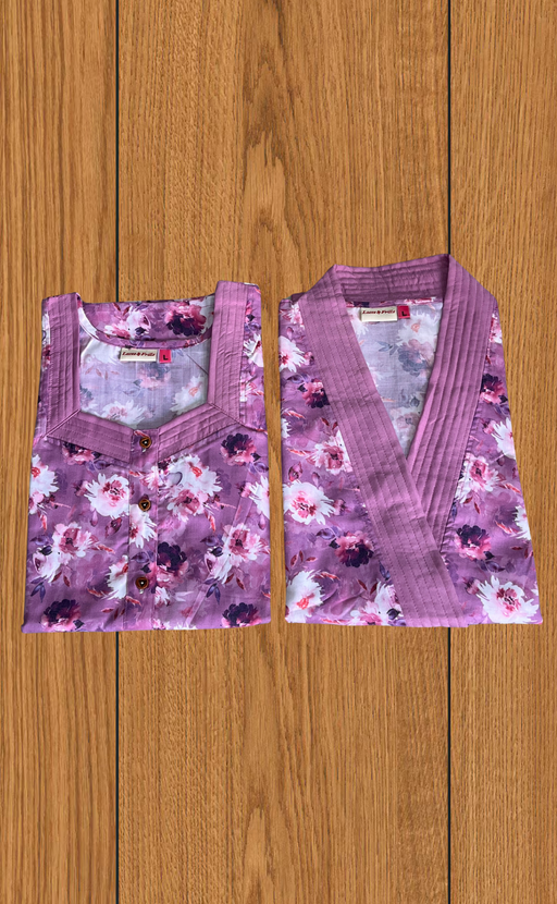 Lavender Garden 2-Piece Soft Cotton House Coat & Nighty Set| Laces and Frills