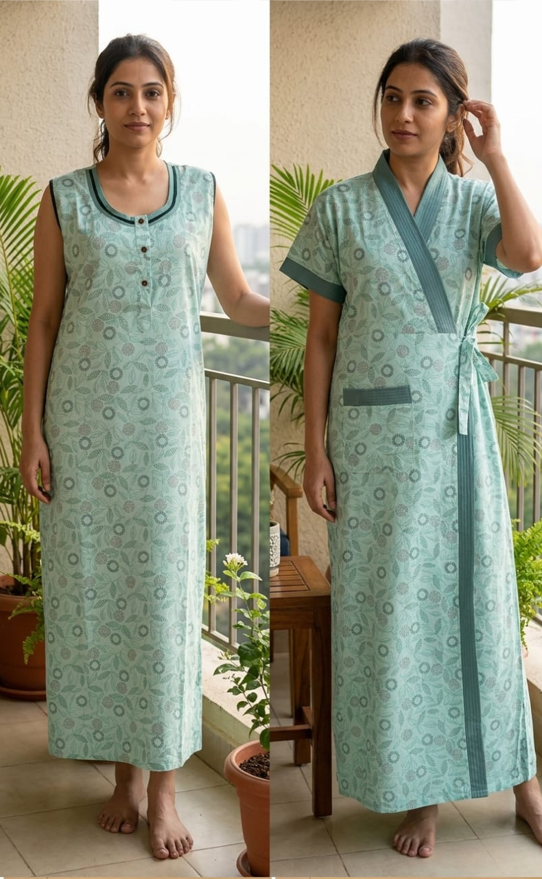 Sea Green Garden 2-Piece Soft Cotton House Coat & Nighty Set| Laces and Frills