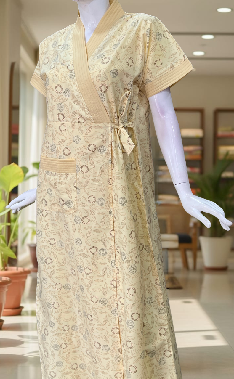 Cream Garden 2-Piece Soft Cotton House Coat & Nighty Set| Laces and Frills