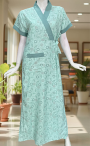 Sea Green Garden 2-Piece Soft Cotton House Coat & Nighty Set| Laces and Frills
