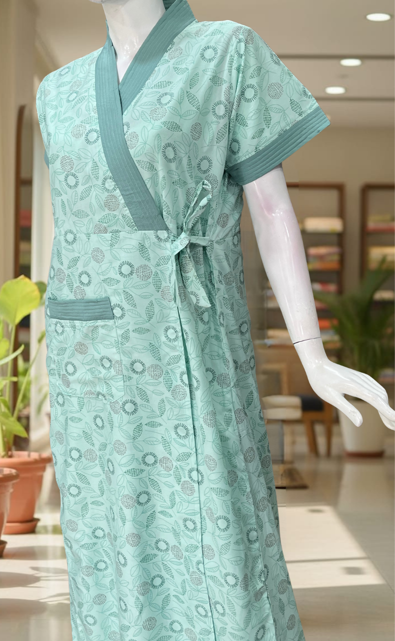 Sea Green Garden 2-Piece Soft Cotton House Coat & Nighty Set| Laces and Frills
