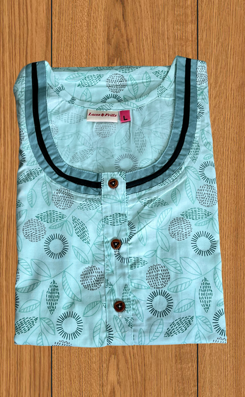 Sea Green Garden 2-Piece Soft Cotton House Coat & Nighty Set| Laces and Frills