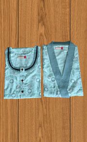 Sea Green Garden 2-Piece Soft Cotton House Coat & Nighty Set| Laces and Frills