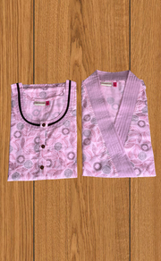 Pink Garden 2-Piece Soft Cotton House Coat & Nighty Set| Laces and Frills