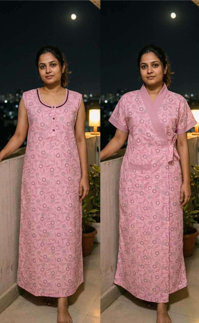 Pink Garden 2-Piece Soft Cotton House Coat & Nighty Set| Laces and Frills