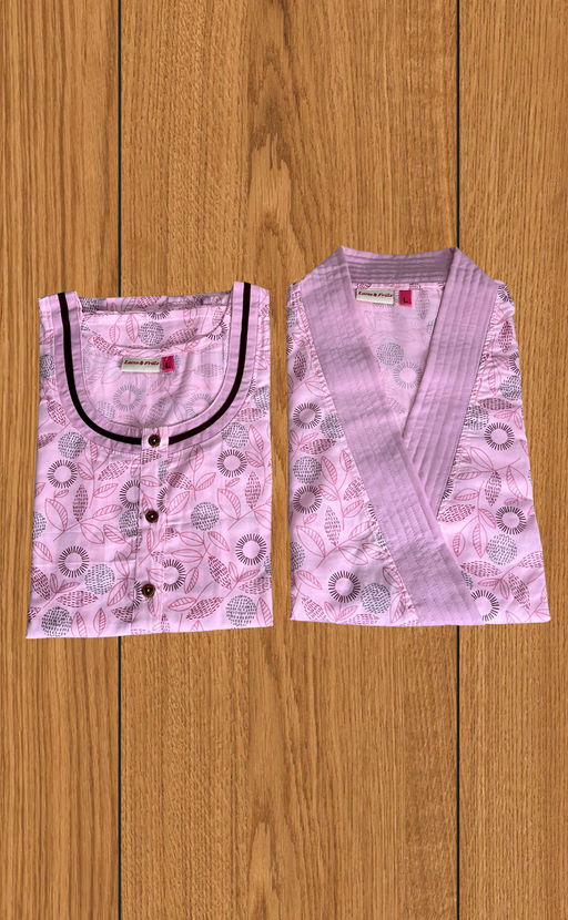 Pink Garden 2-Piece Soft Cotton House Coat & Nighty Set| Laces and Frills