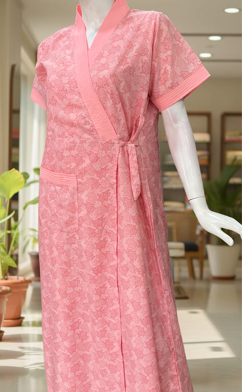 Peach Floral 2-Piece Soft Cotton House Coat & Nighty Set| Laces and Frills