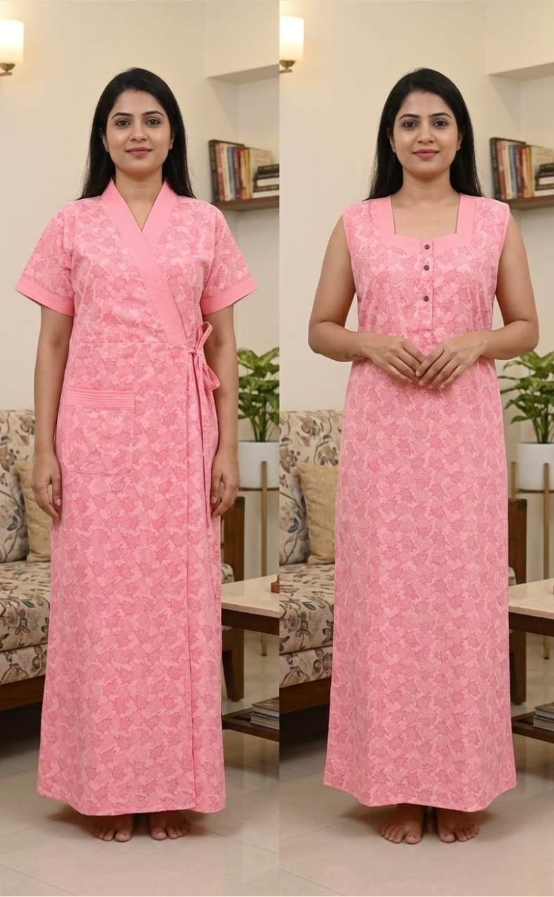 Peach Floral 2-Piece Soft Cotton House Coat & Nighty Set| Laces and Frills