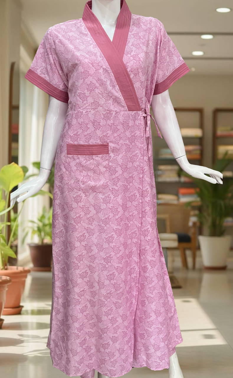 Pink Floral 2-Piece Soft Cotton House Coat & Nighty Set| Laces and Frills