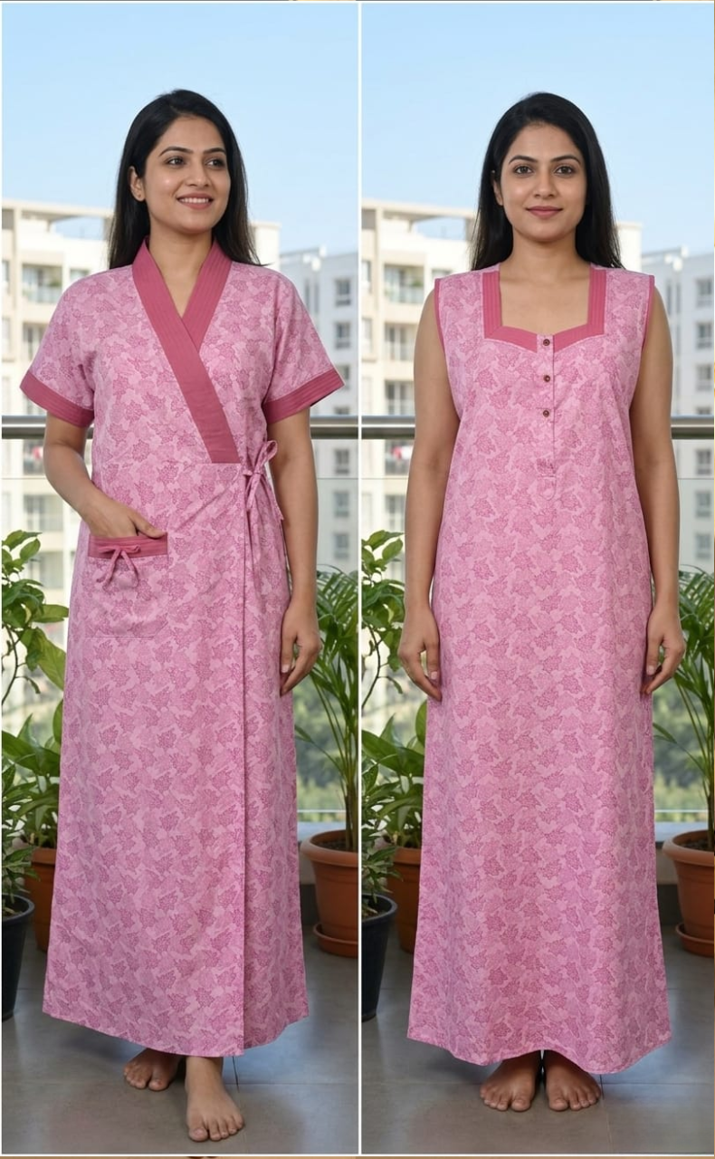 Pink Floral 2-Piece Soft Cotton House Coat & Nighty Set| Laces and Frills