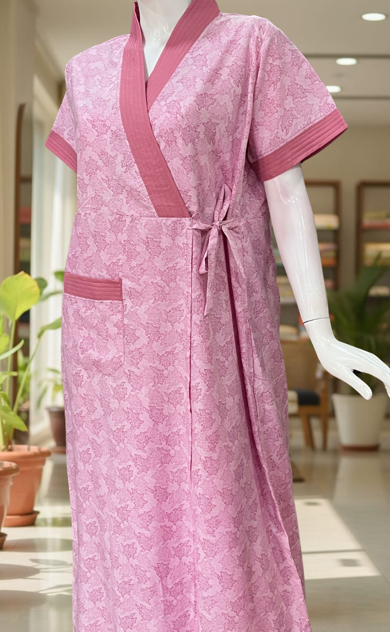 Pink Floral 2-Piece Soft Cotton House Coat & Nighty Set| Laces and Frills