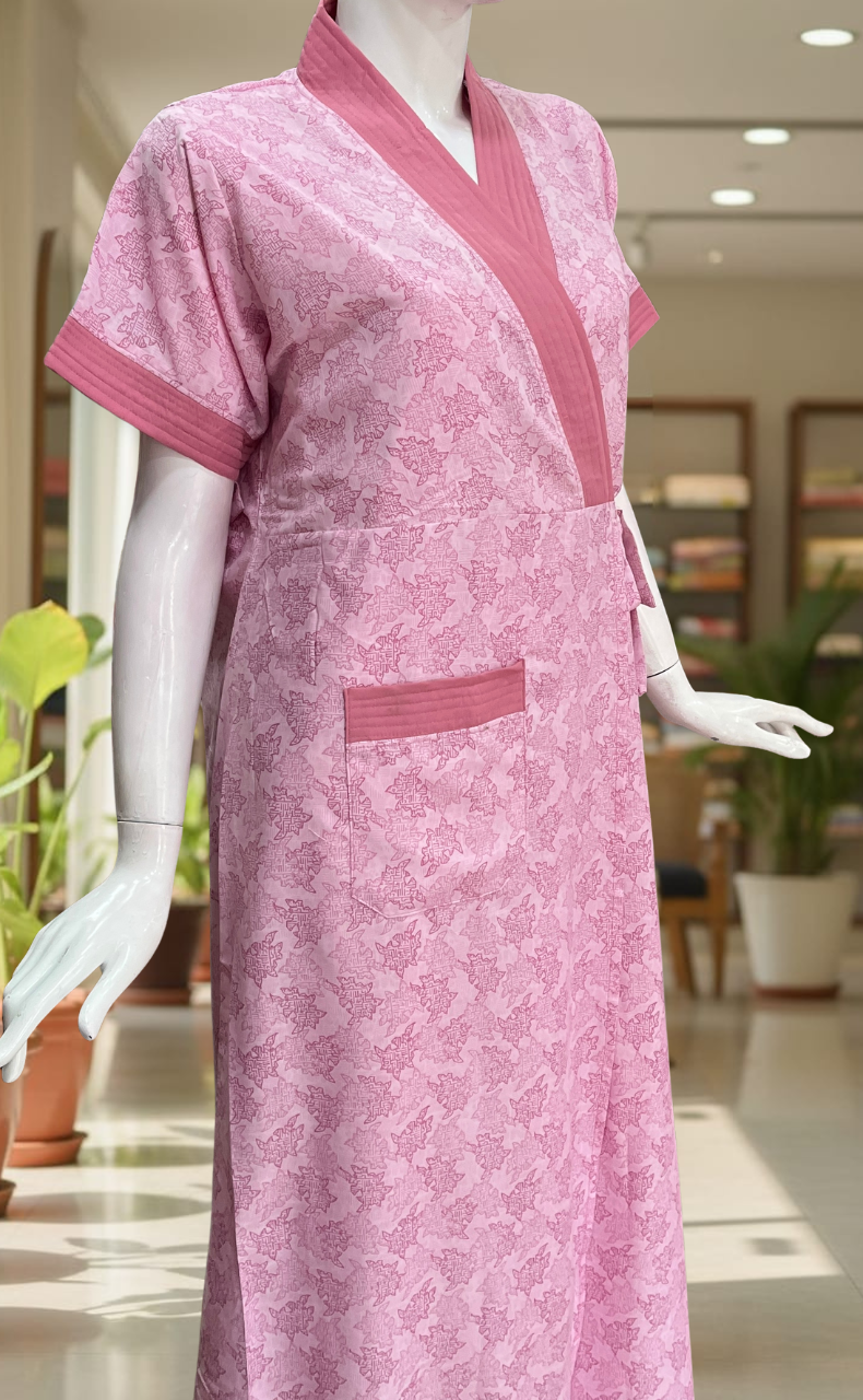 Pink Floral 2-Piece Soft Cotton House Coat & Nighty Set| Laces and Frills