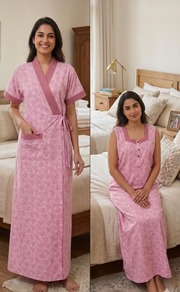 Pink Floral 2-Piece Soft Cotton House Coat & Nighty Set| Laces and Frills - Laces and Frills