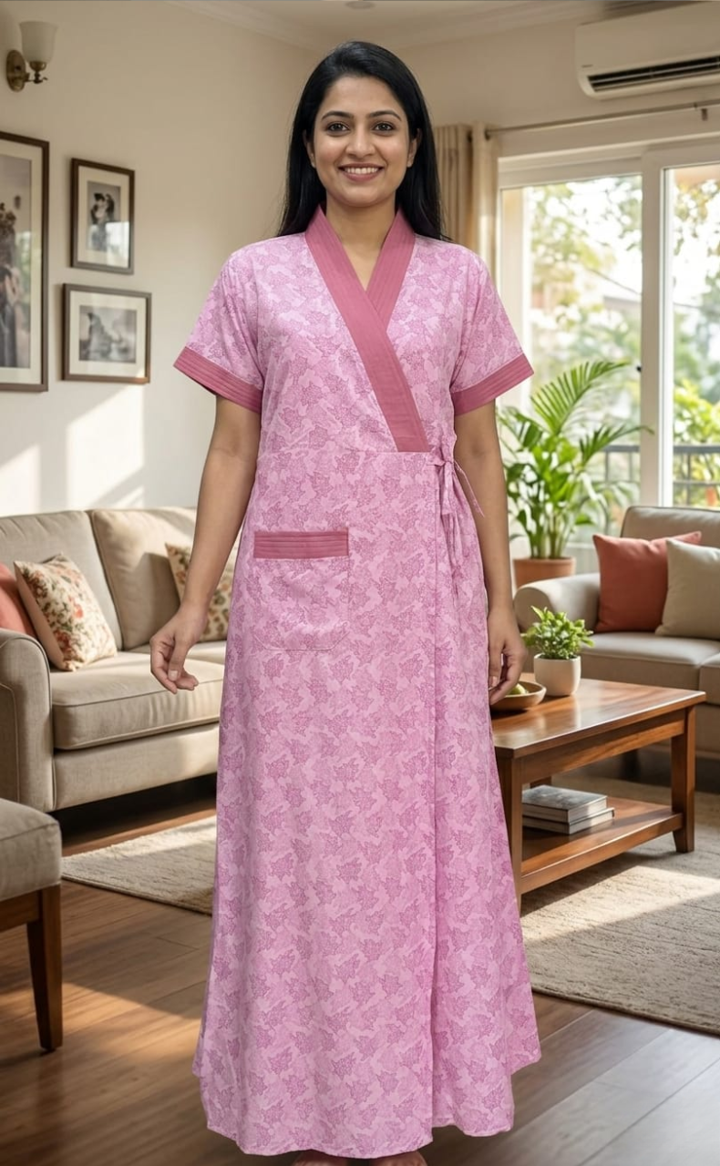 Pink Floral 2-Piece Soft Cotton House Coat & Nighty Set| Laces and Frills