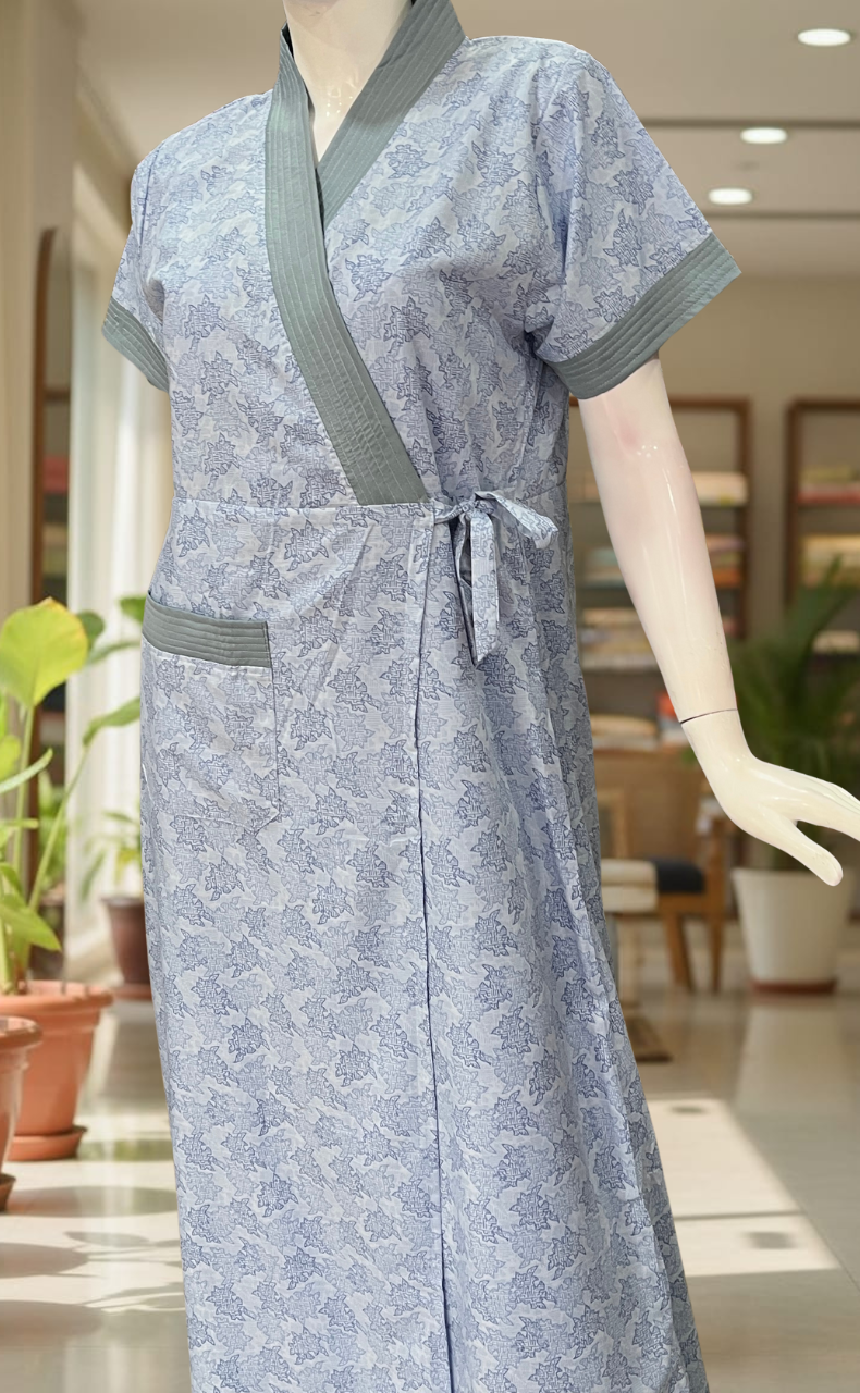 Blue Floral 2-Piece Soft Cotton House Coat & Nighty Set| Laces and Frills