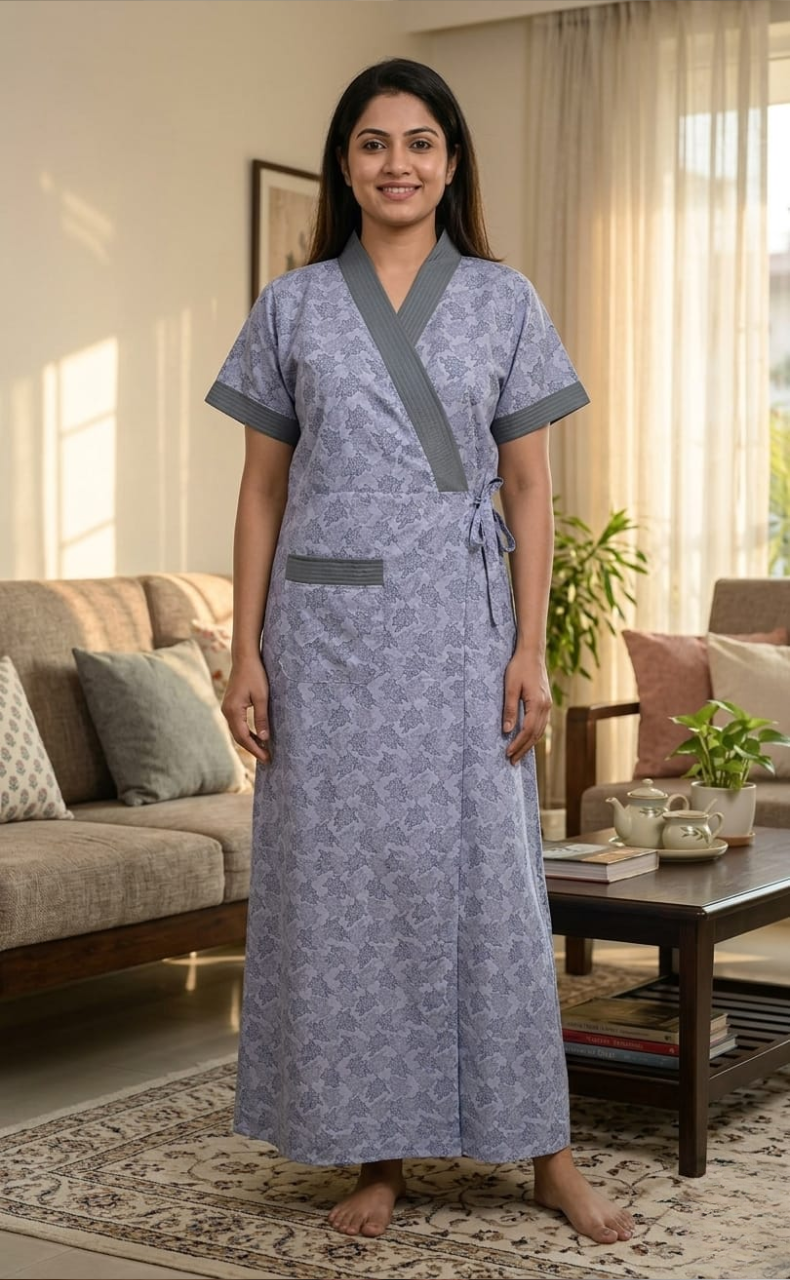 Blue Floral 2-Piece Soft Cotton House Coat & Nighty Set| Laces and Frills
