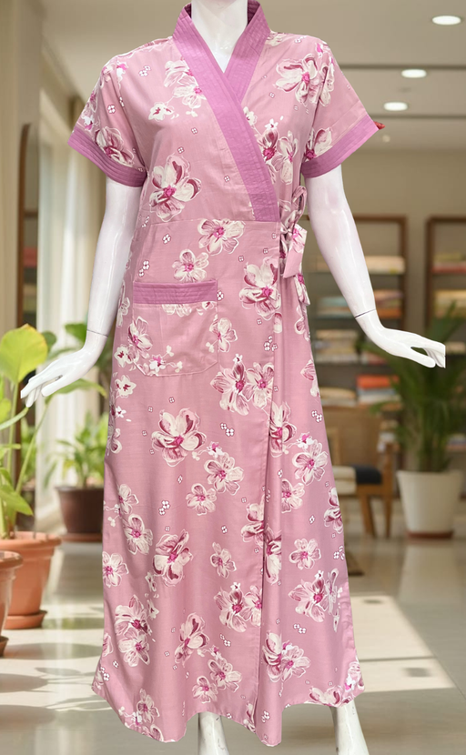 Pink Floral 2-Piece Soft Cotton House Coat & Nighty Set| Laces and Frills
