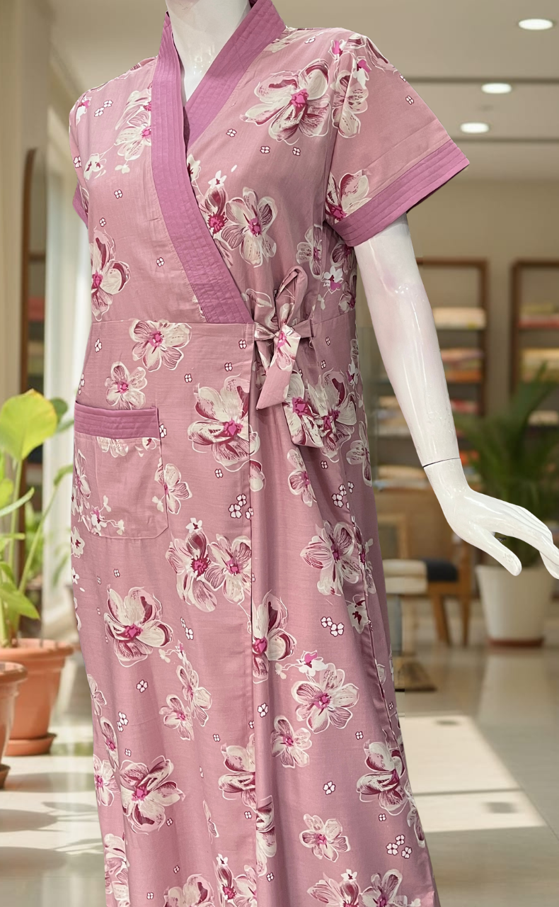 Pink Floral 2-Piece Soft Cotton House Coat & Nighty Set| Laces and Frills