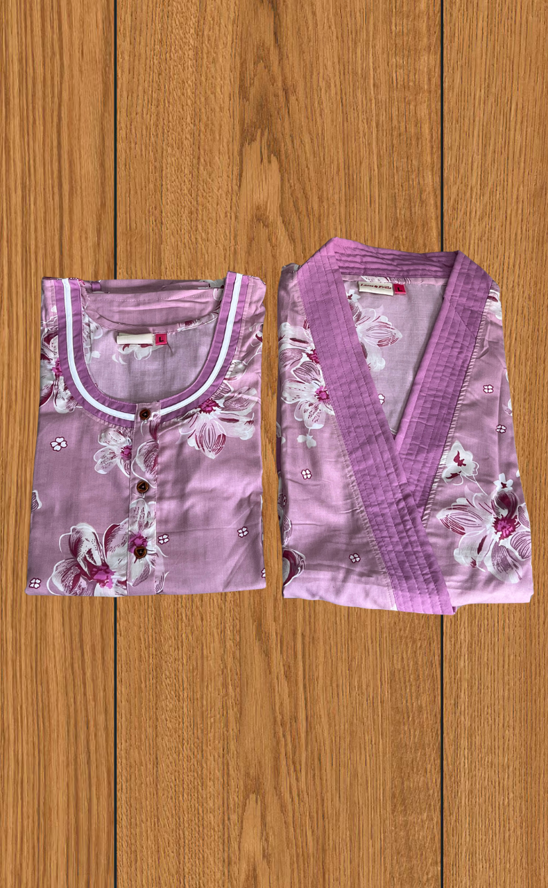 Pink Floral 2-Piece Soft Cotton House Coat & Nighty Set| Laces and Frills