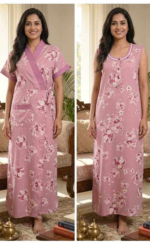 Pink Floral 2-Piece Soft Cotton House Coat & Nighty Set| Laces and Frills - Laces and Frills