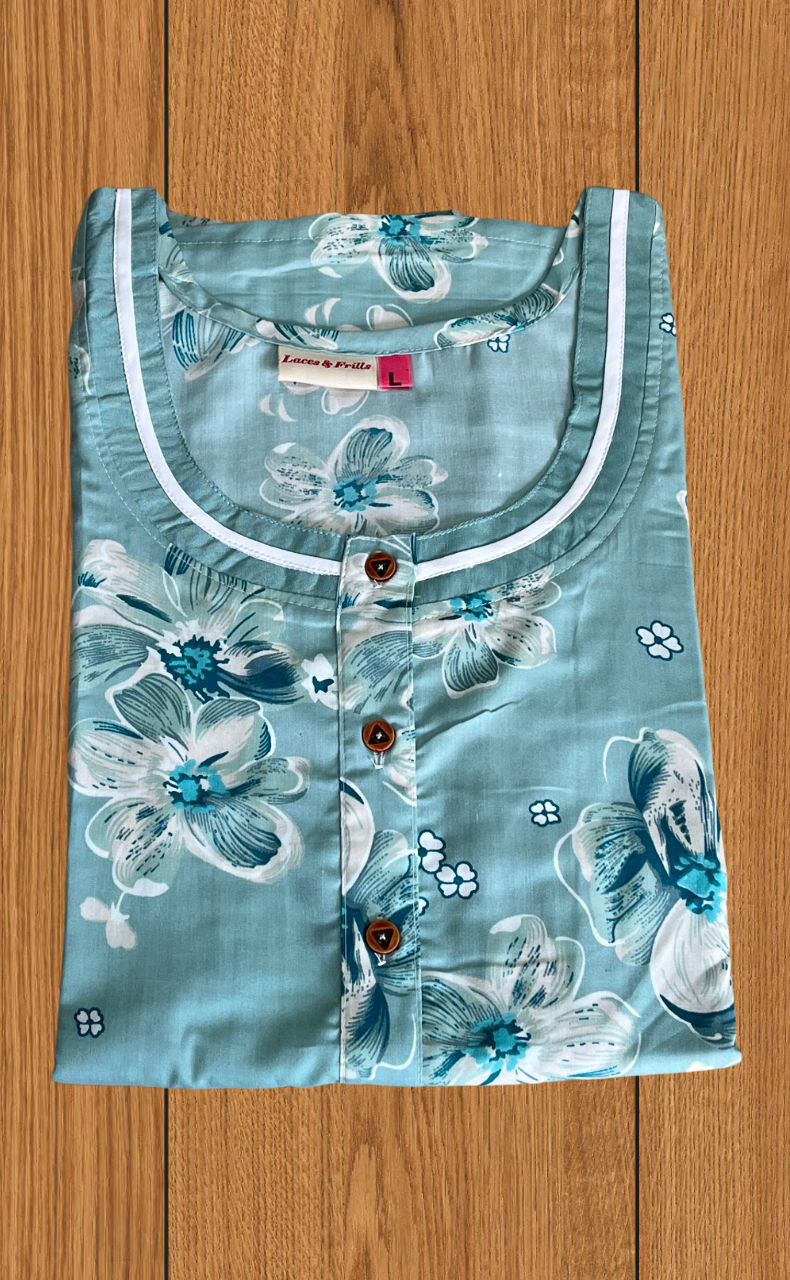 Sea Green Floral 2-Piece Soft Cotton House Coat & Nighty Set| Laces and Frills