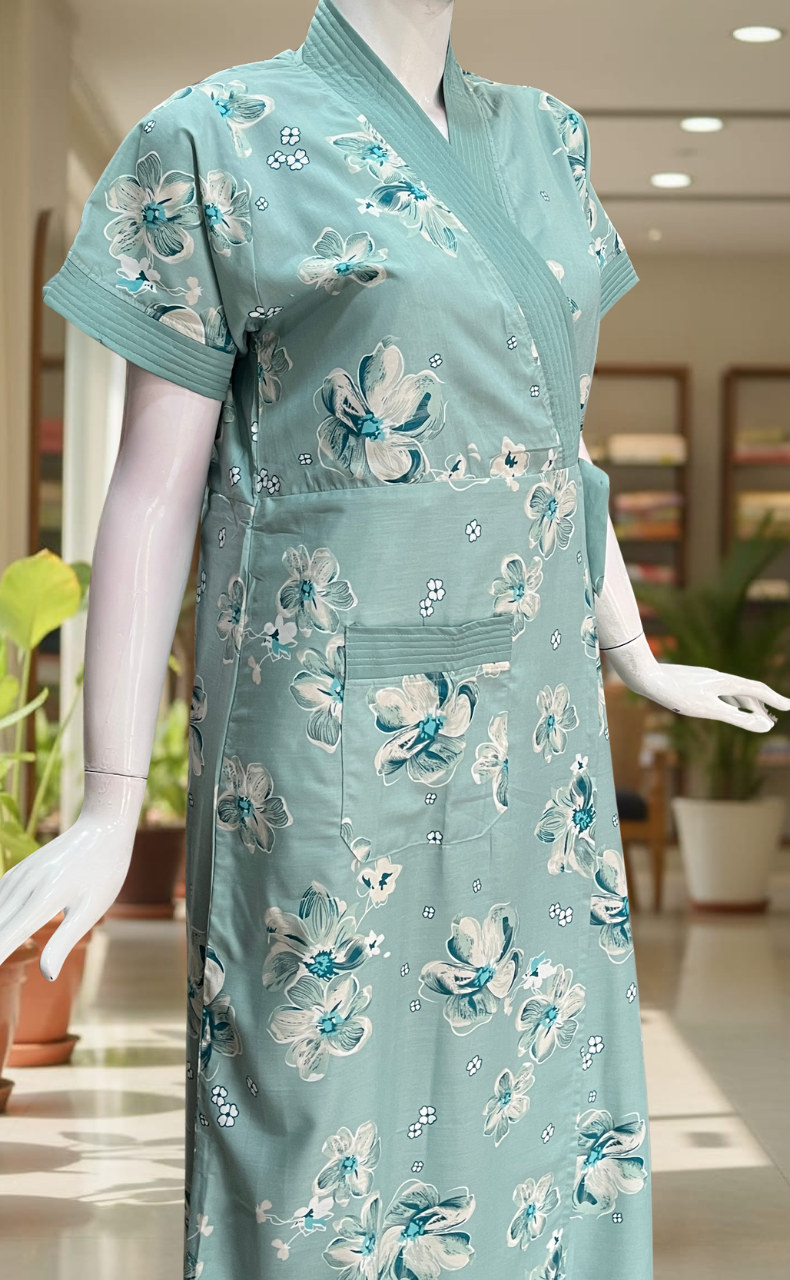 Sea Green Floral 2-Piece Soft Cotton House Coat & Nighty Set| Laces and Frills