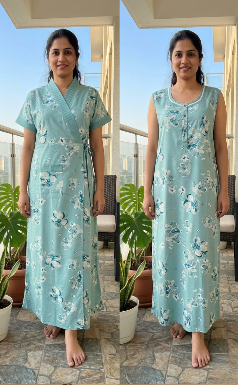 Sea Green Floral 2-Piece Soft Cotton House Coat & Nighty Set| Laces and Frills