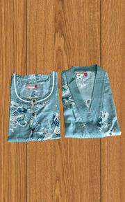 Sea Green Floral 2-Piece Soft Cotton House Coat & Nighty Set| Laces and Frills