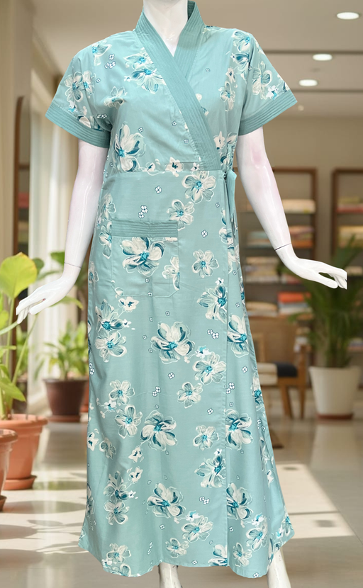 Sea Green Floral 2-Piece Soft Cotton House Coat & Nighty Set| Laces and Frills