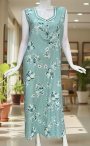 Sea Green Floral 2-Piece Soft Cotton House Coat & Nighty Set| Laces and Frills