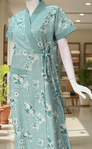 Sea Green Floral 2-Piece Soft Cotton House Coat & Nighty Set| Laces and Frills