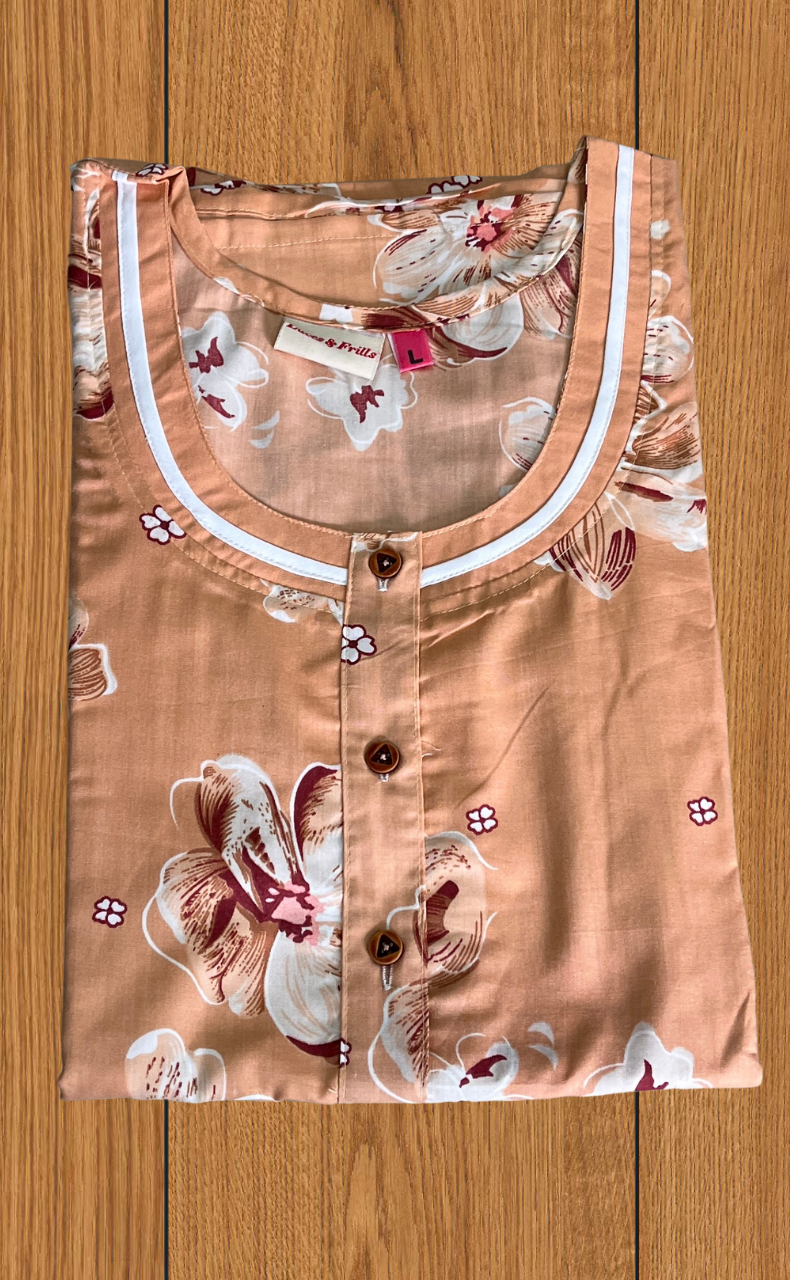 Peach Floral 2-Piece Soft Cotton House Coat & Nighty Set| Laces and Frills