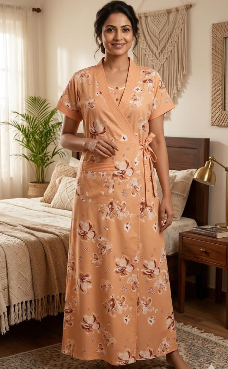 Peach Floral 2-Piece Soft Cotton House Coat & Nighty Set| Laces and Frills - Laces and Frills