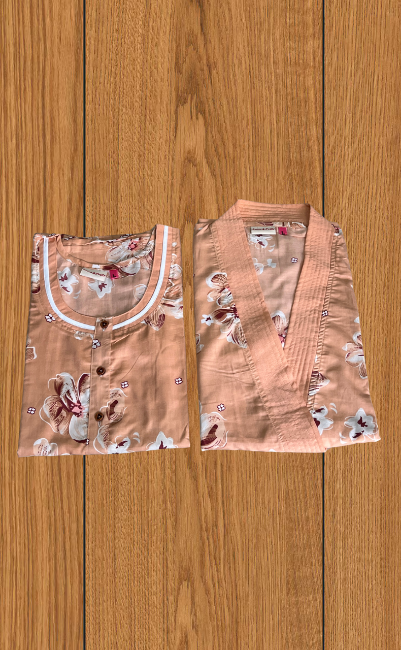 Peach Floral 2-Piece Soft Cotton House Coat & Nighty Set| Laces and Frills