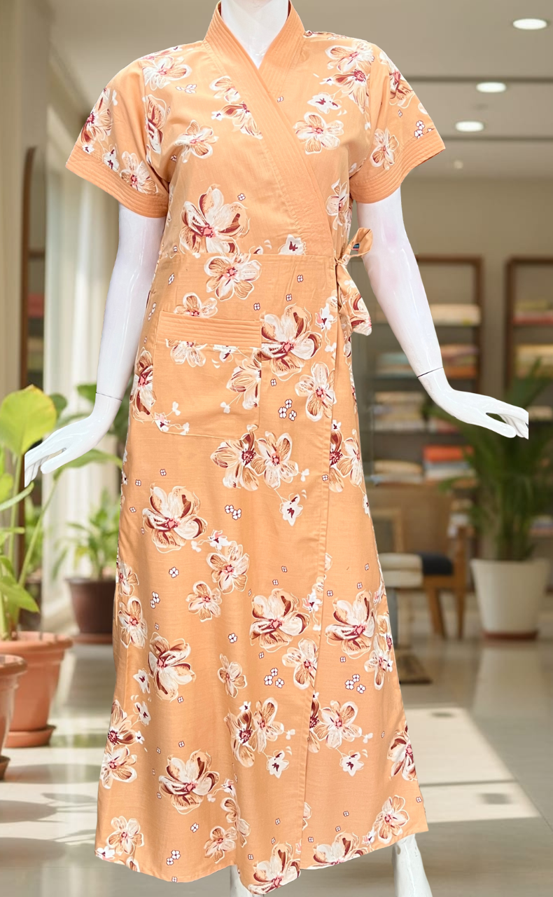 Peach Floral 2-Piece Soft Cotton House Coat & Nighty Set| Laces and Frills