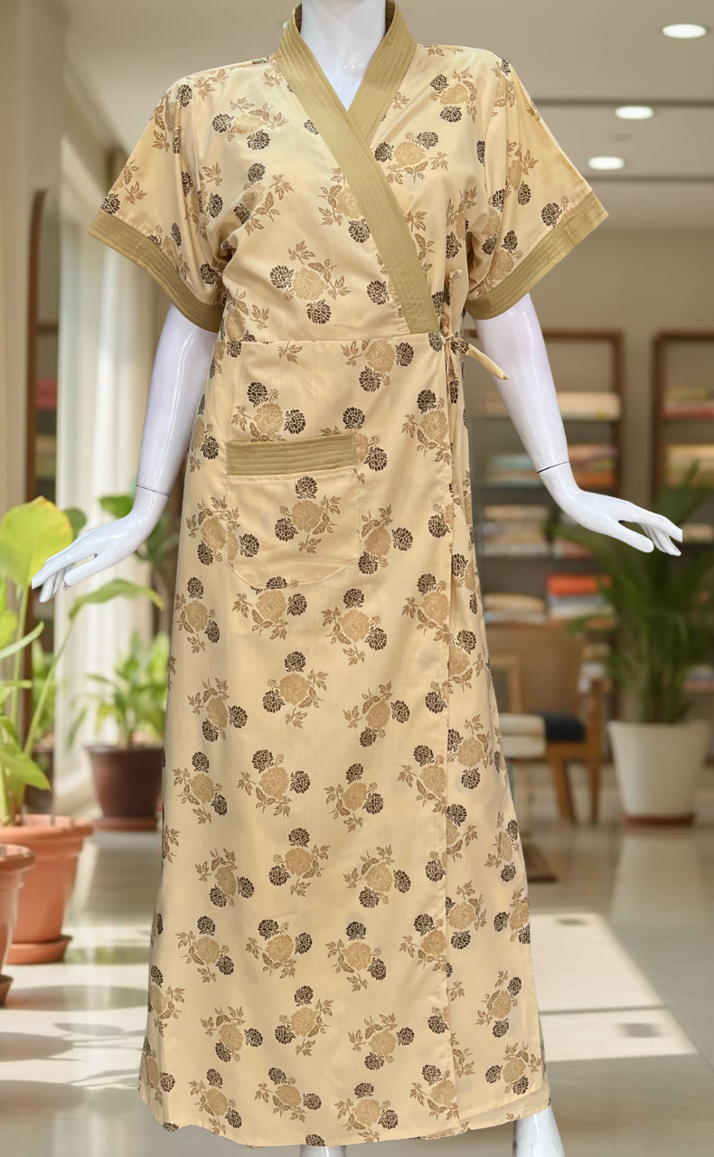 Beige Floral 2-Piece Soft Cotton House Coat & Nighty Set| Laces and Frills