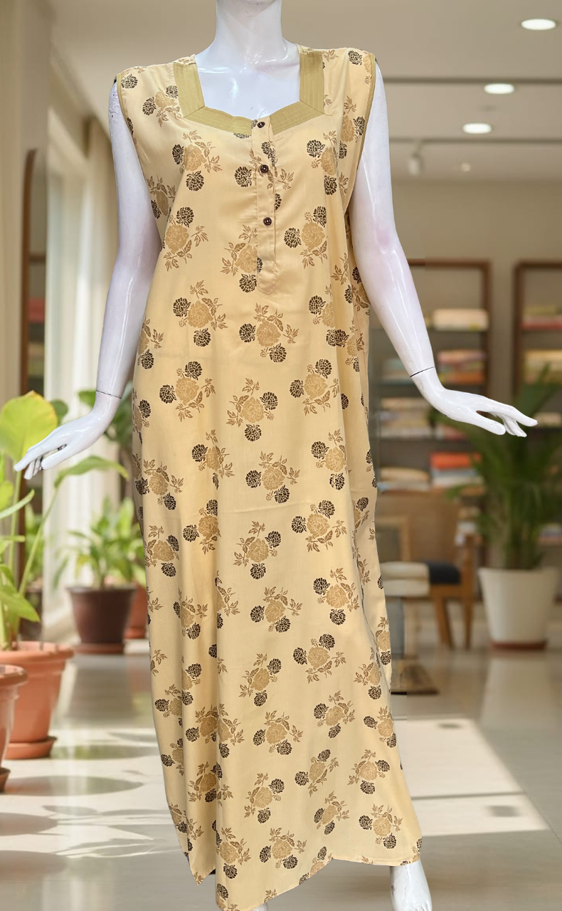 Beige Floral 2-Piece Soft Cotton House Coat & Nighty Set| Laces and Frills