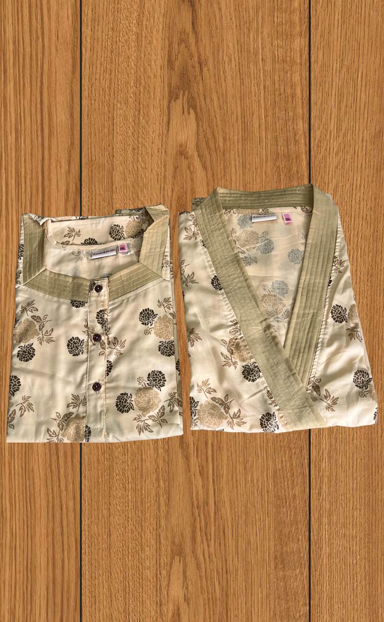 Beige Floral 2-Piece Soft Cotton House Coat & Nighty Set| Laces and Frills