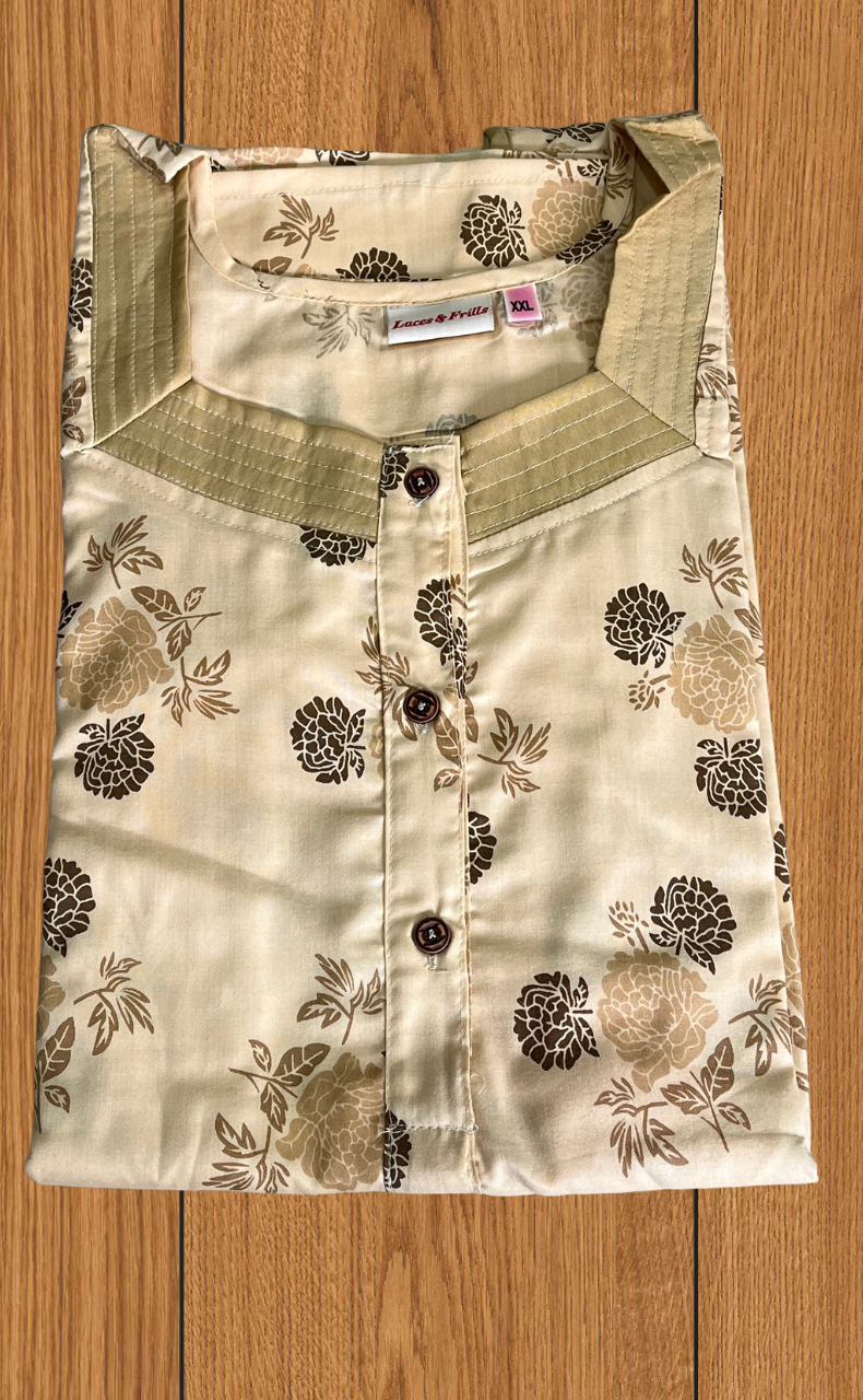 Beige Floral 2-Piece Soft Cotton House Coat & Nighty Set| Laces and Frills