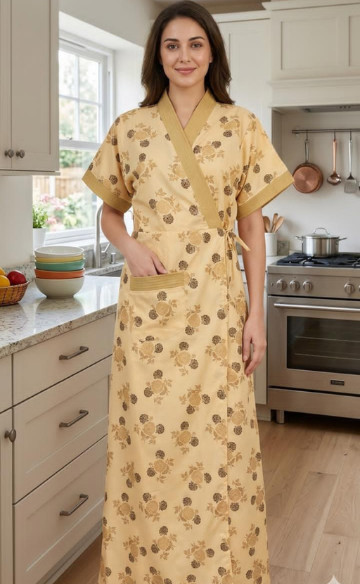 Beige Floral 2-Piece Soft Cotton House Coat & Nighty Set| Laces and Frills - Laces and Frills