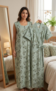 Light Green Floral 2-Piece Soft Cotton House Coat & Nighty Set| Laces and Frills - Laces and Frills