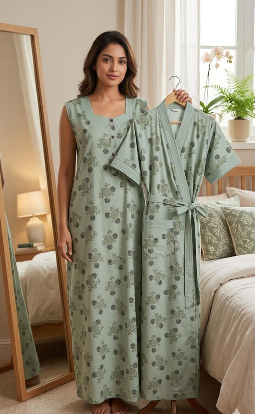 Light Green Floral 2-Piece Soft Cotton House Coat & Nighty Set| Laces and Frills - Laces and Frills