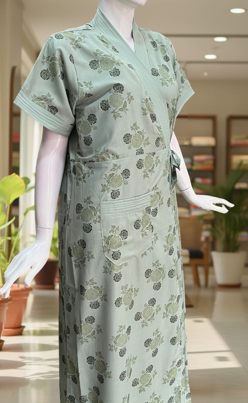 Light Green Floral 2-Piece Soft Cotton House Coat & Nighty Set| Laces and Frills