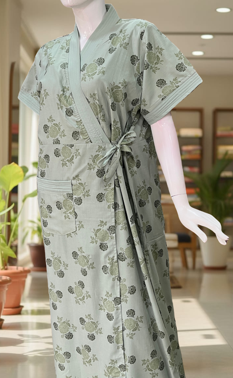 Light Green Floral 2-Piece Soft Cotton House Coat & Nighty Set| Laces and Frills